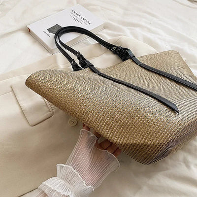 Luxus Boho Strohtasche Damen – Handgemachte Strandtasche mit veganem Leder