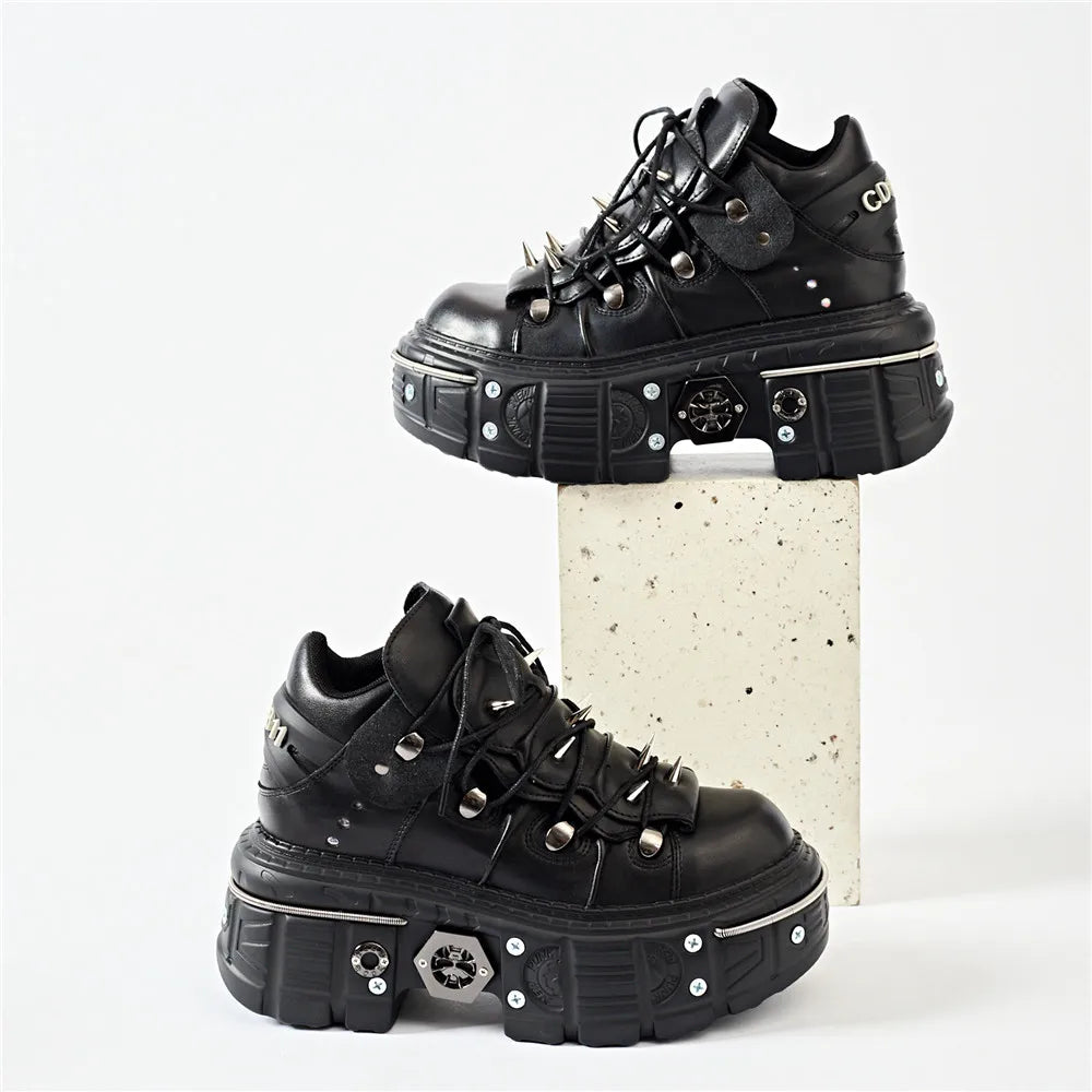 Heidi-Mode | Fashion Frauen Ankle Boots Damen Dünne Absätze Runde Spitze Schnürsenkel Metall Dekoration Sneakers Fräulein Nieten Punk Gothic Rock Schuhe