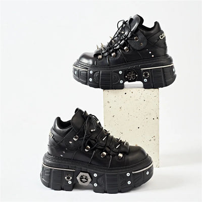 Heidi-Mode | Fashion Frauen Ankle Boots Damen Dünne Absätze Runde Spitze Schnürsenkel Metall Dekoration Sneakers Fräulein Nieten Punk Gothic Rock Schuhe