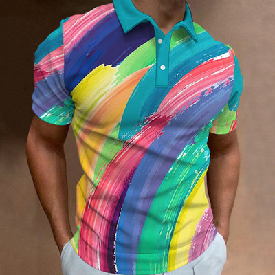 Avelena | Herren 3D-Gedrucktes Regenbogen-Polo-Shirt