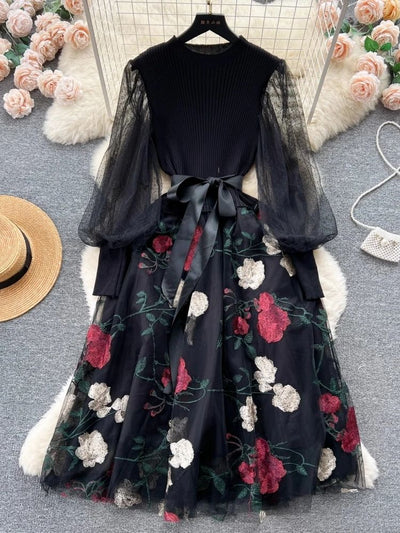 Avelena | Damen Besticktes Mesh-Kleid mit Laternenärmeln für Den Herbst