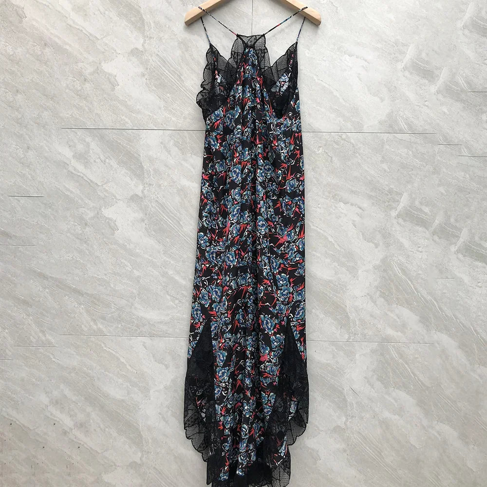 Avelena | Spitzenstickerei V-Ausschnitt Seiden Midi Kleid