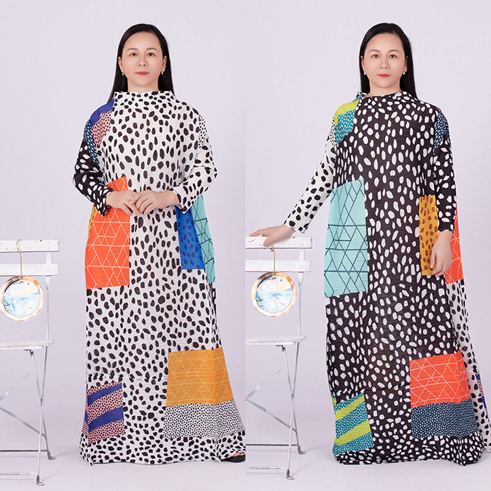 Avelena | Gefaltetes Leoparden-Kontrast Langarmkleid