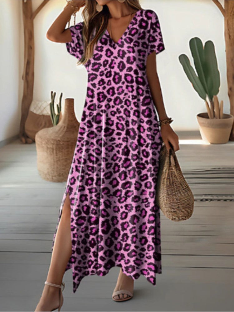 Avelena | Leopard Print V-Ausschnitt Sommer Maxi Kleid