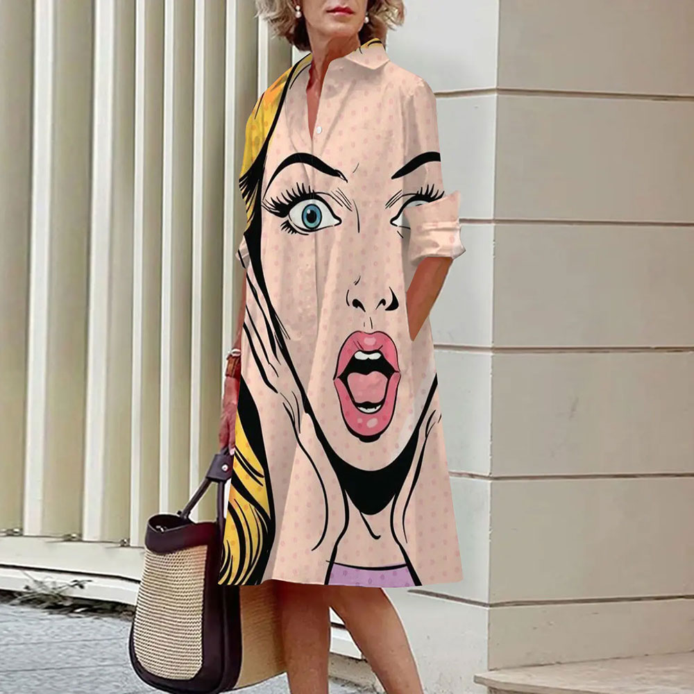 Avelena | Abstraktes Gesichtsprint Hemdkleid