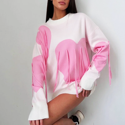 Übergröße Pullover | Herz-Applikationen | Fransen-Detail