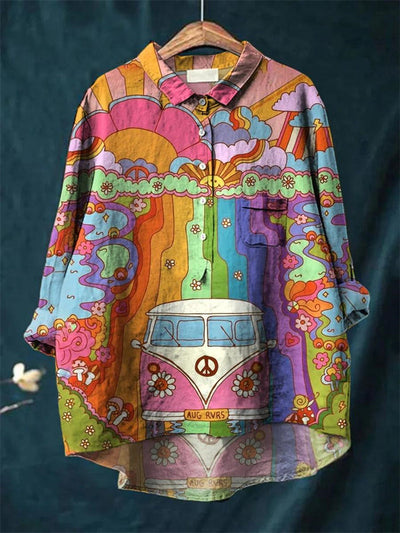 Avelena | Damen Retro Fisch Kunst V-Ausschnitt Langarmshirt