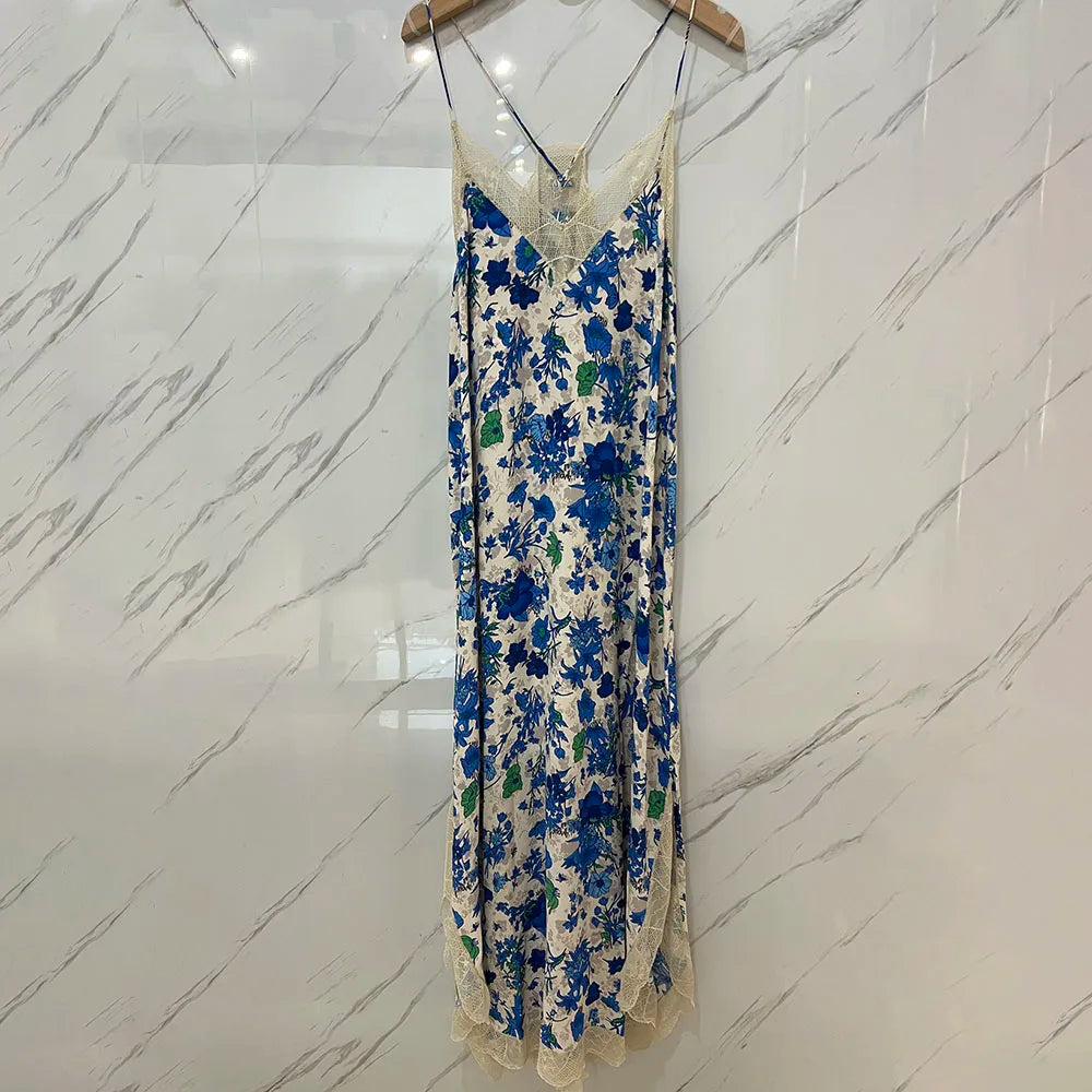 Avelena | Spitzenstickerei V-Ausschnitt Seiden Midi Kleid