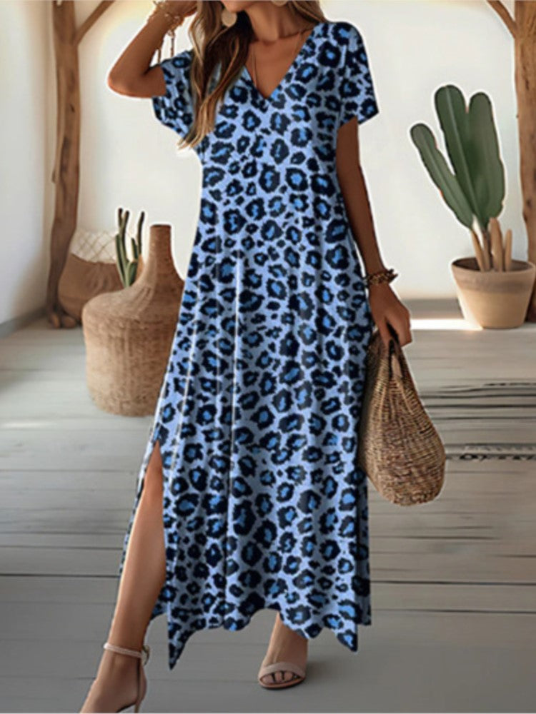 Avelena | Leopard Print V-Ausschnitt Sommer Maxi Kleid