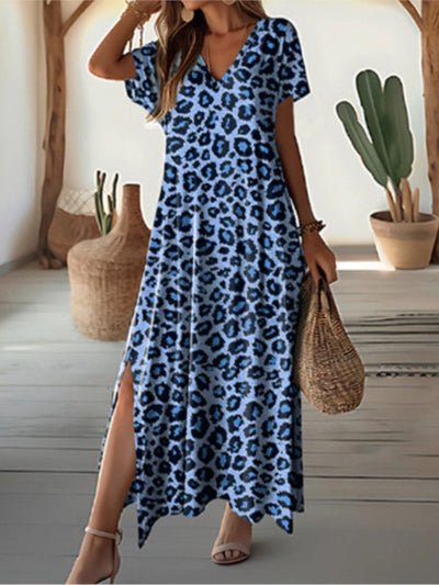 Avelena | Leopard Print V-Ausschnitt Sommer Maxi Kleid