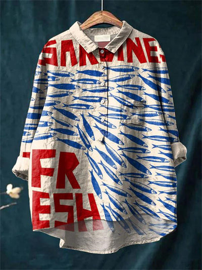Avelena | Damen Retro Fisch Kunst V-Ausschnitt Langarmshirt