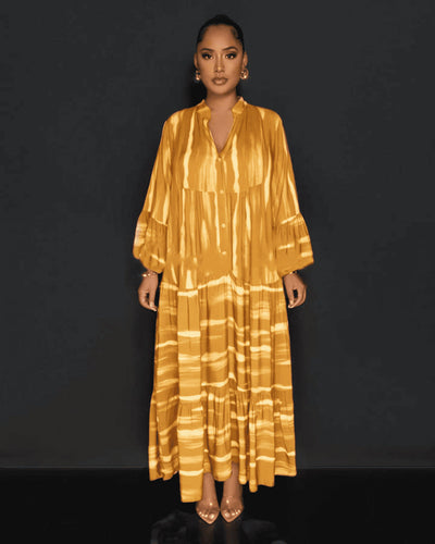 Avelena | Gedrucktes V-Ausschnitt Langarmkleid