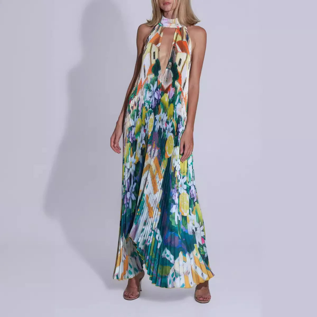 Avelena | Elegantes Unregelmäßiges Gefaltetes Halter-Lace-Up Langes Kleid