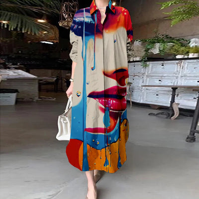 Avelena | Damen Bedrucktes Langarm A-Linien Cardigan Kleid