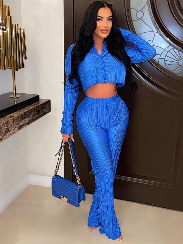 Plissee-Zweiteiler-Set | Cropped Bluse & Weite Hose | Moderner Chic