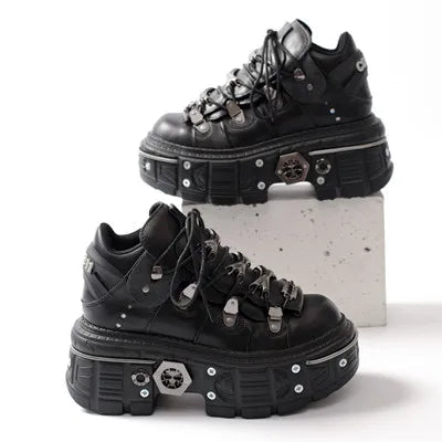 Heidi-Mode | Fashion Frauen Ankle Boots Damen Dünne Absätze Runde Spitze Schnürsenkel Metall Dekoration Sneakers Fräulein Nieten Punk Gothic Rock Schuhe
