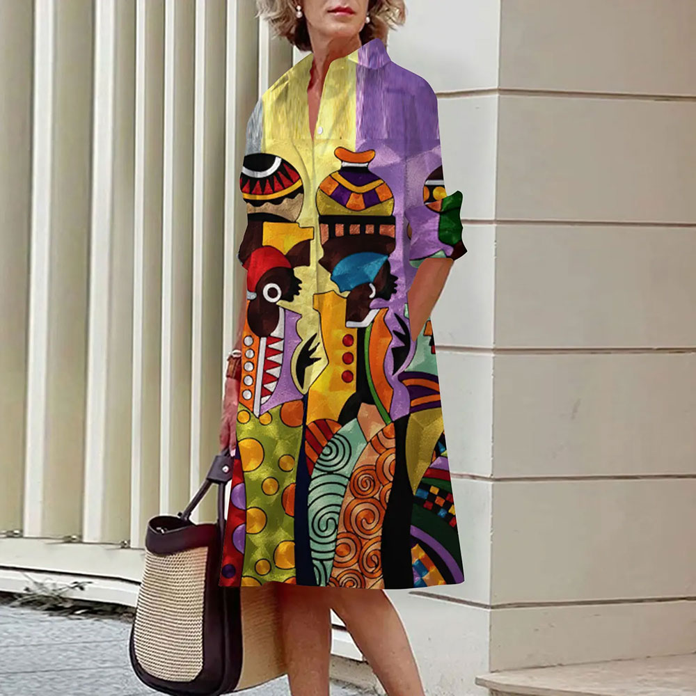 Avelena | Abstraktes Gesichtsprint Hemdkleid