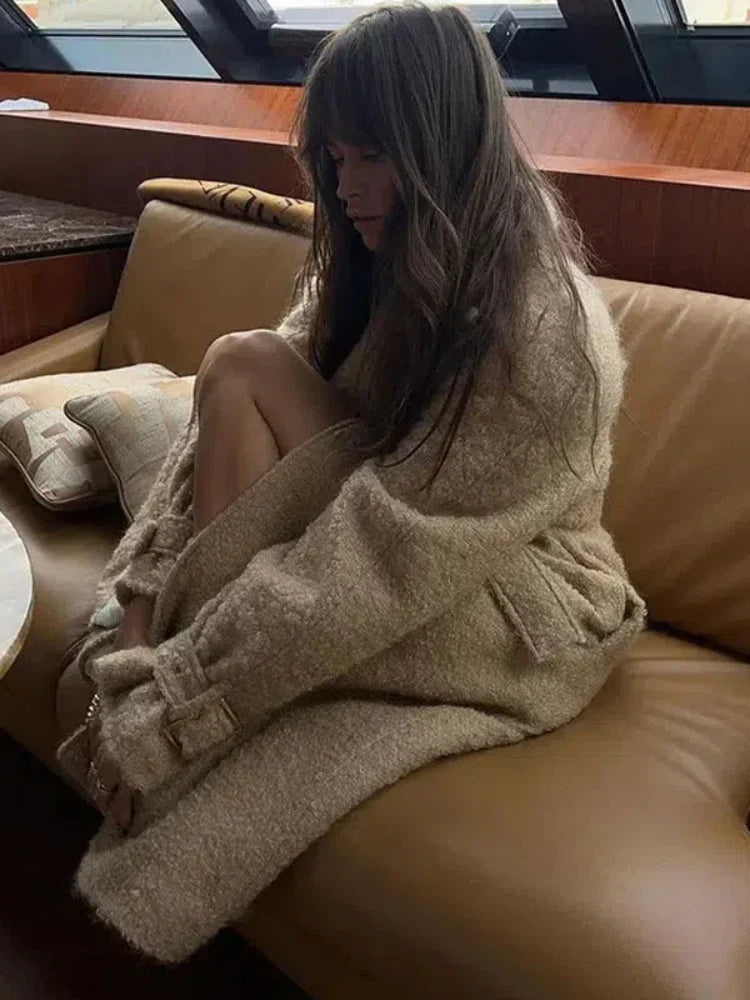 50 % Rabatt | Giddie™ | Damen Wollmantel in Apricot mit Gürtel und Taschen