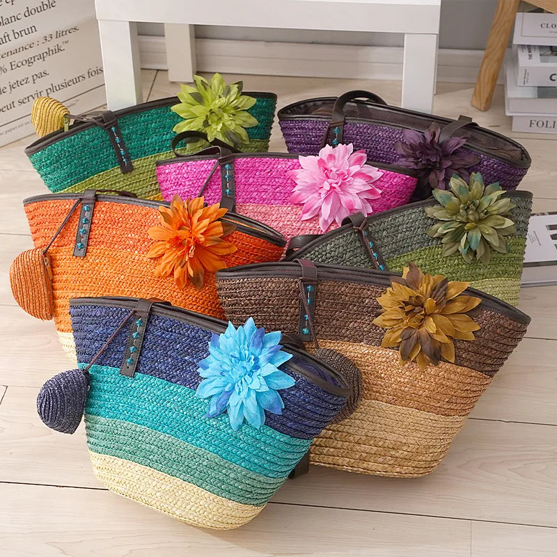 Große Strohtasche Damen – Handgefertigte Strandtasche mit Vegan-Leder-Trägern