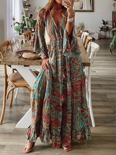 Avelena | Bohemian Floral V-Ausschnitt Maxikleid