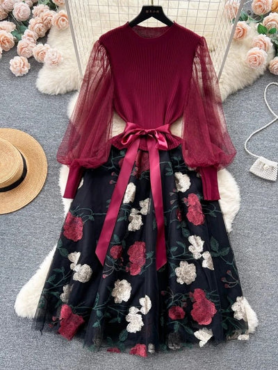 Avelena | Damen Besticktes Mesh-Kleid mit Laternenärmeln für Den Herbst