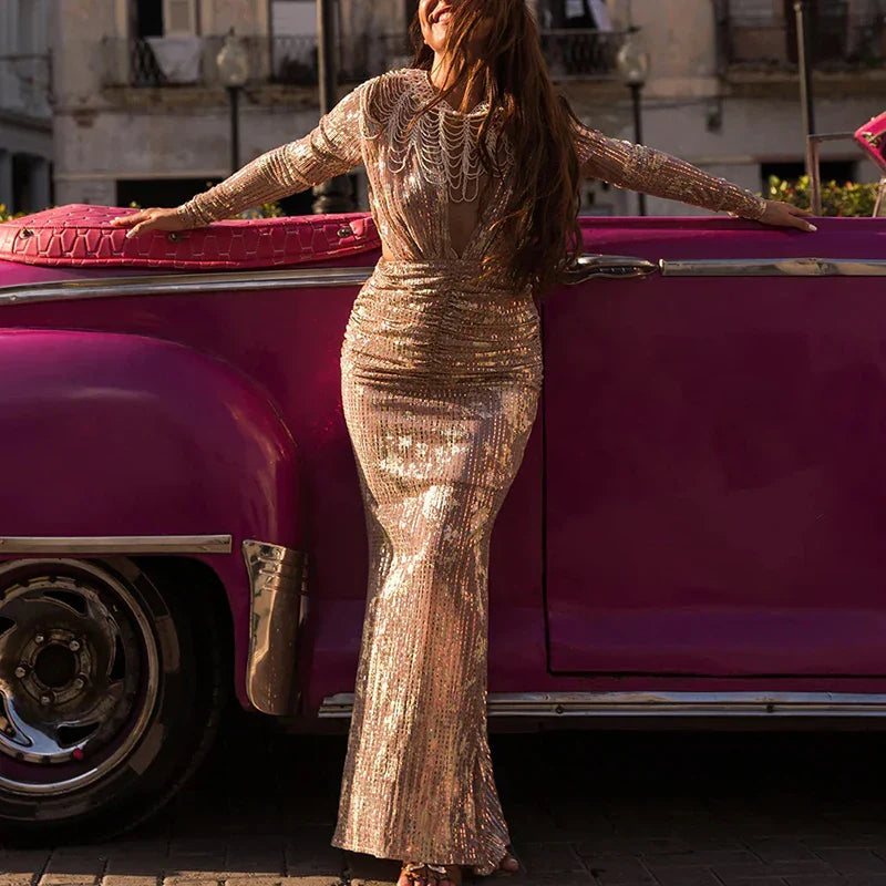 Avelena | Herbst Glänzendes Paillettenabendkleid