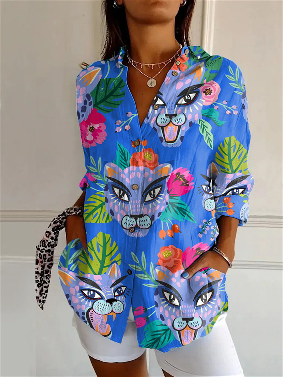 Avelena | Damen Sommer 3D Muster Gedrucktes Langarmhemd