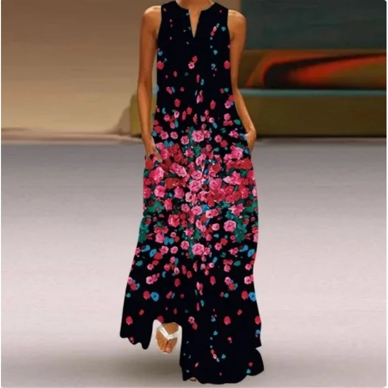 Avelena | V-Ausschnitt Smaragdblumen Ärmelloses Kleid