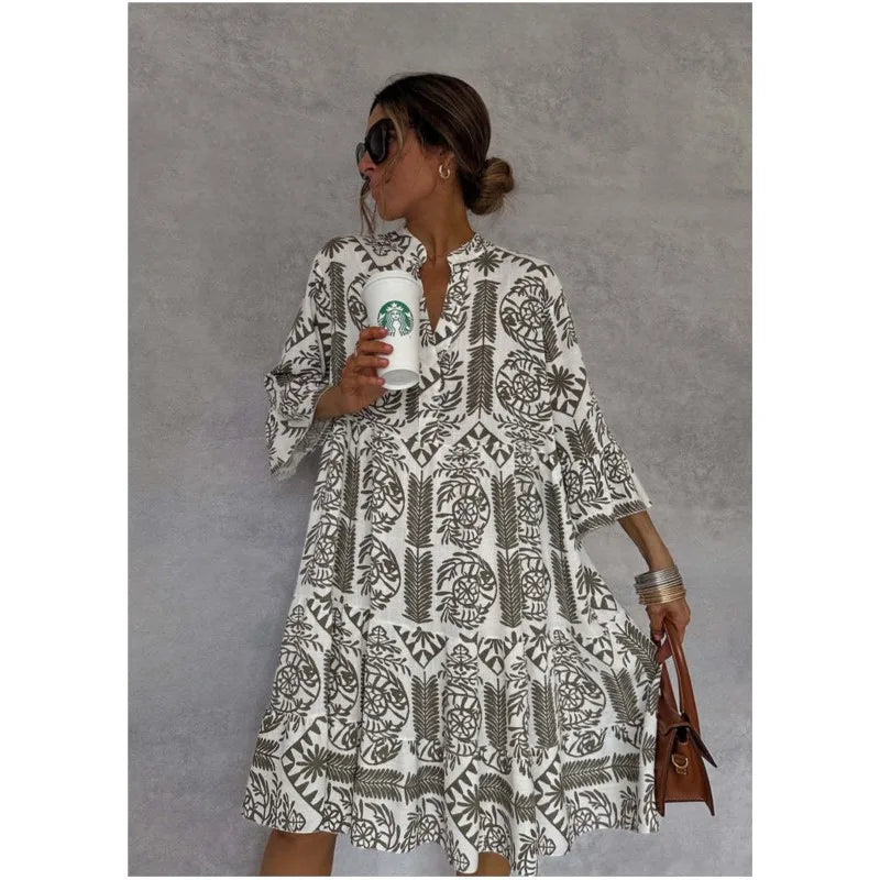 Adeline | Bedrucktes V-Ausschnitt A-Linien Rock Kleid