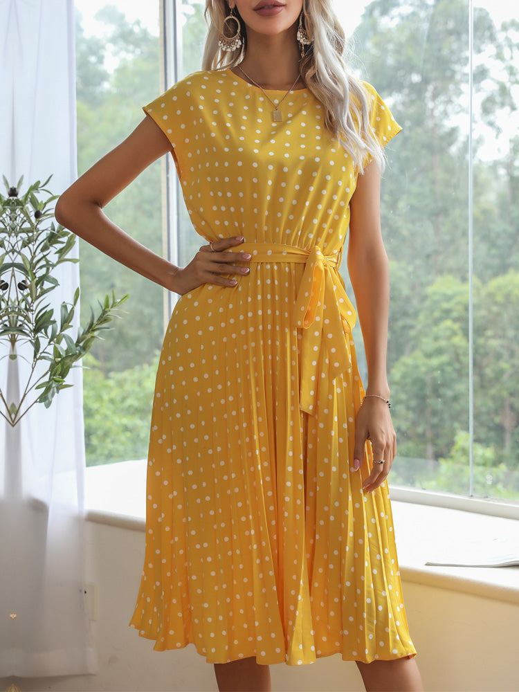 Avelena | Gepunktetes Gürtelt Kleid mit A-Linie