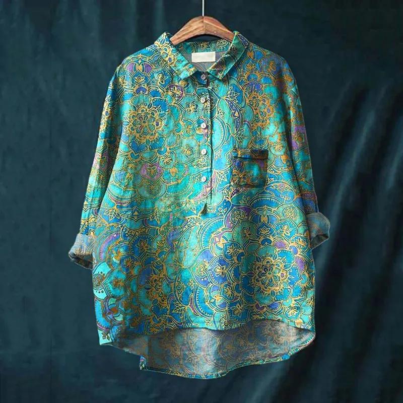 Avelena | Damen Retro Fisch Kunst V-Ausschnitt Langarmshirt