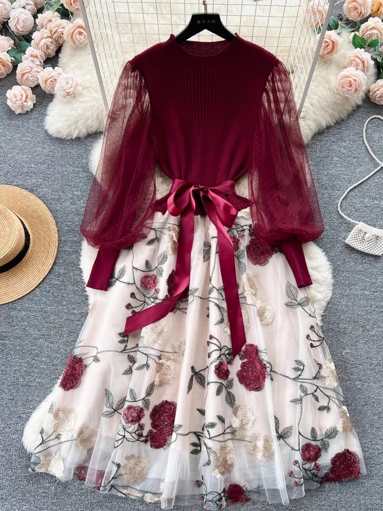 Avelena | Damen Besticktes Mesh-Kleid mit Laternenärmeln für Den Herbst