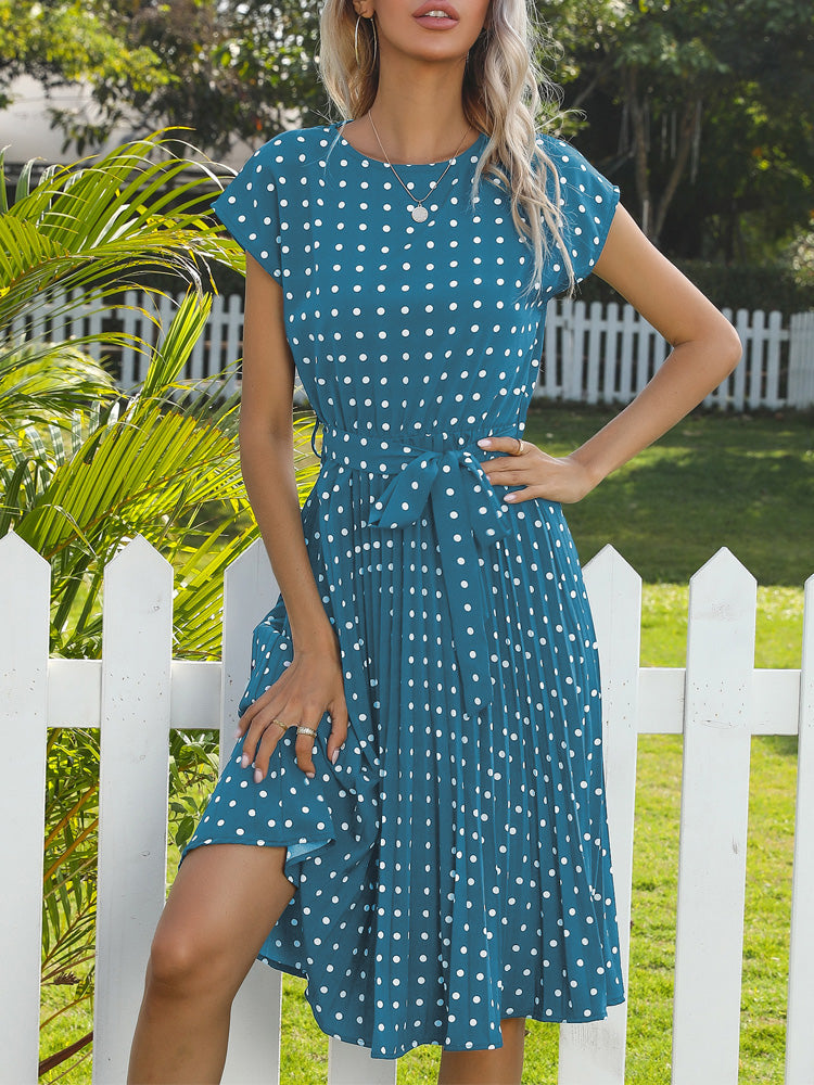 Avelena | Gepunktetes Gürtelt Kleid mit A-Linie