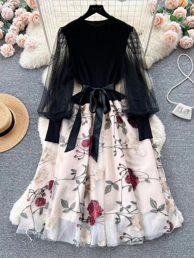 Avelena | Damen Besticktes Mesh-Kleid mit Laternenärmeln für Den Herbst