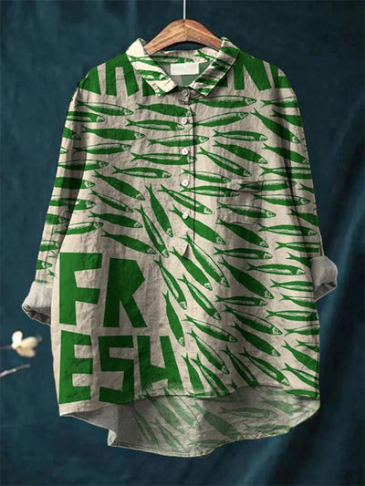 Avelena | Damen Retro Fisch Kunst V-Ausschnitt Langarmshirt