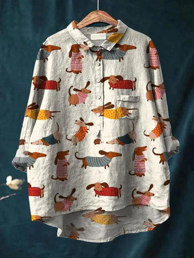 Avelena | Damen Retro Fisch Kunst V-Ausschnitt Langarmshirt