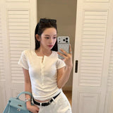 Damen Kurzarm T-Shirt Mit Knopfleiste – Lässiges Slim Fit Oberteil in Weiß