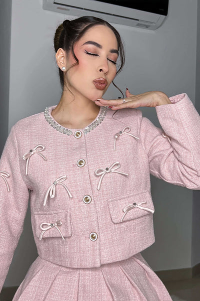 Stylisches Tweed-Set | Schleifendetails & Perlenverzierung | Feminine Eleganz