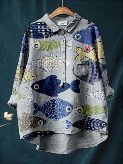 Avelena | Damen Retro Fisch Kunst V-Ausschnitt Langarmshirt