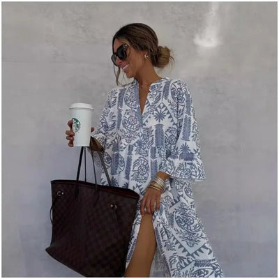 Adeline | Bedrucktes V-Ausschnitt A-Linien Rock Kleid