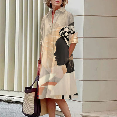 Avelena | Abstraktes Gesichtsprint Hemdkleid