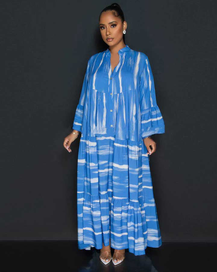 Avelena | Gedrucktes V-Ausschnitt Langarmkleid