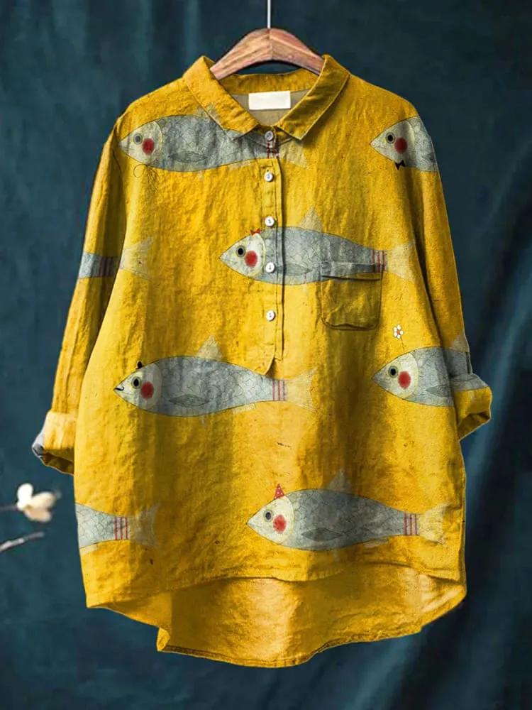 Avelena | Damen Retro Fisch Kunst V-Ausschnitt Langarmshirt