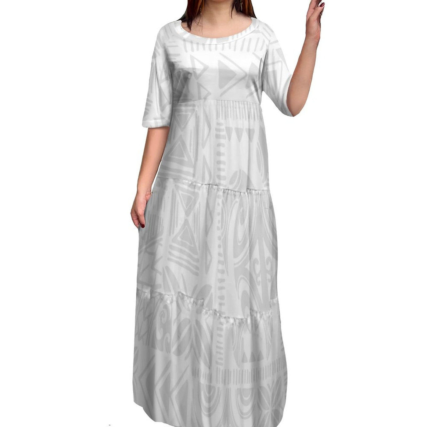 Avelena | Polynesischer Druck Plus Size Rundhalskleid