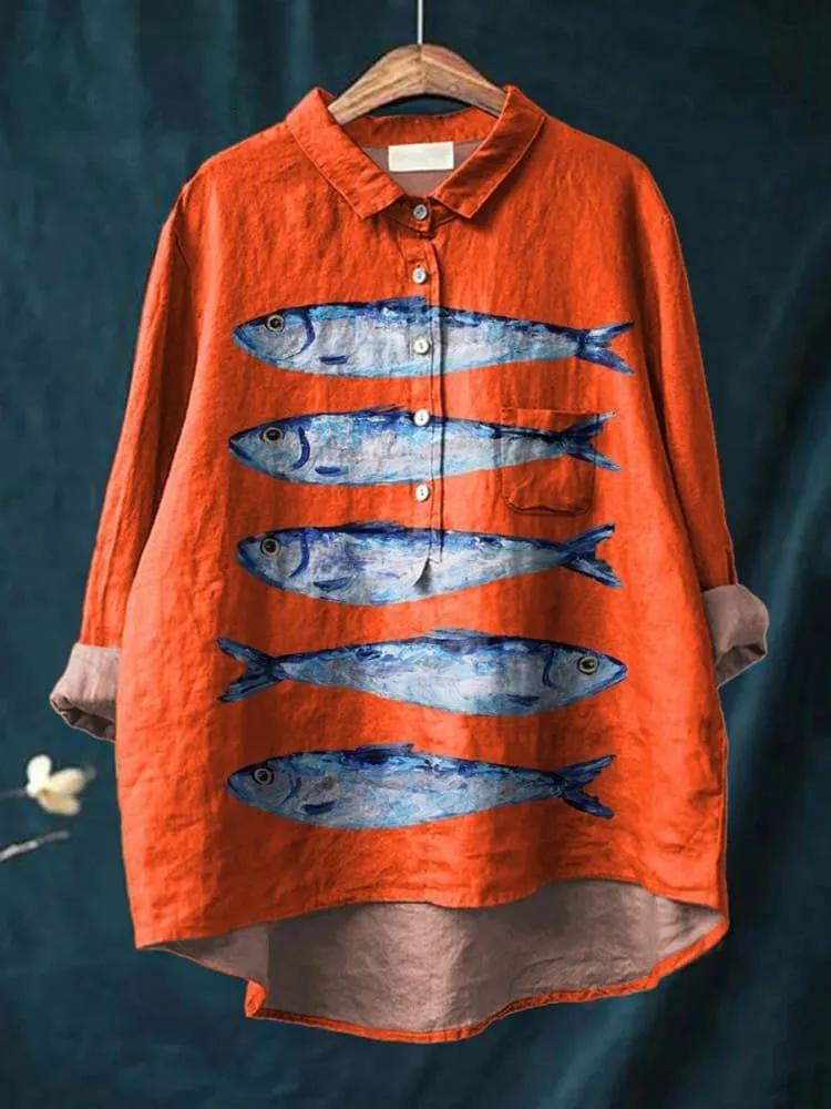 Avelena | Damen Retro Fisch Kunst V-Ausschnitt Langarmshirt