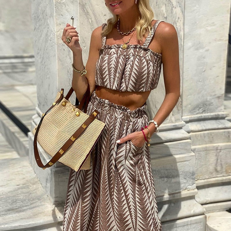 Zweiteiler-Set mit Ethno-Muster | Cropped Top & Weite Hose | Boho-Chic