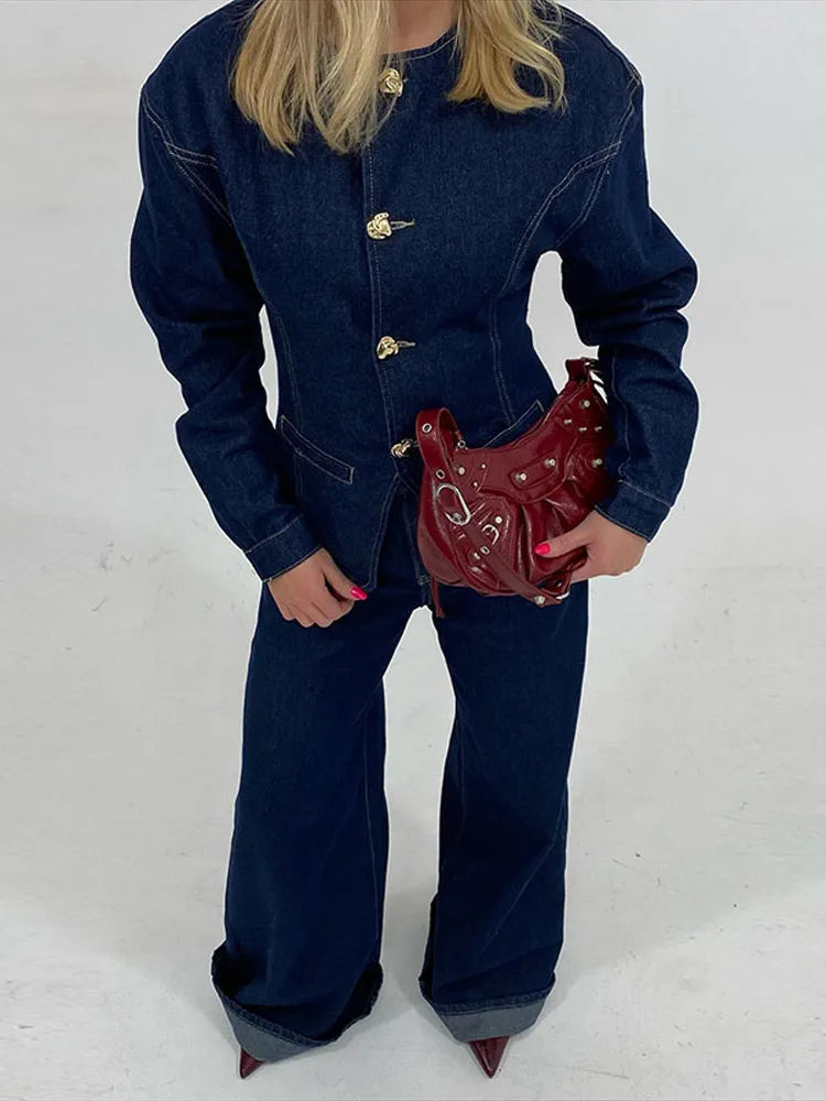 Damen-Denim-Set – Elegantes Tailliertes Jeansjacke & High-Waist Wide-Leg Hose
