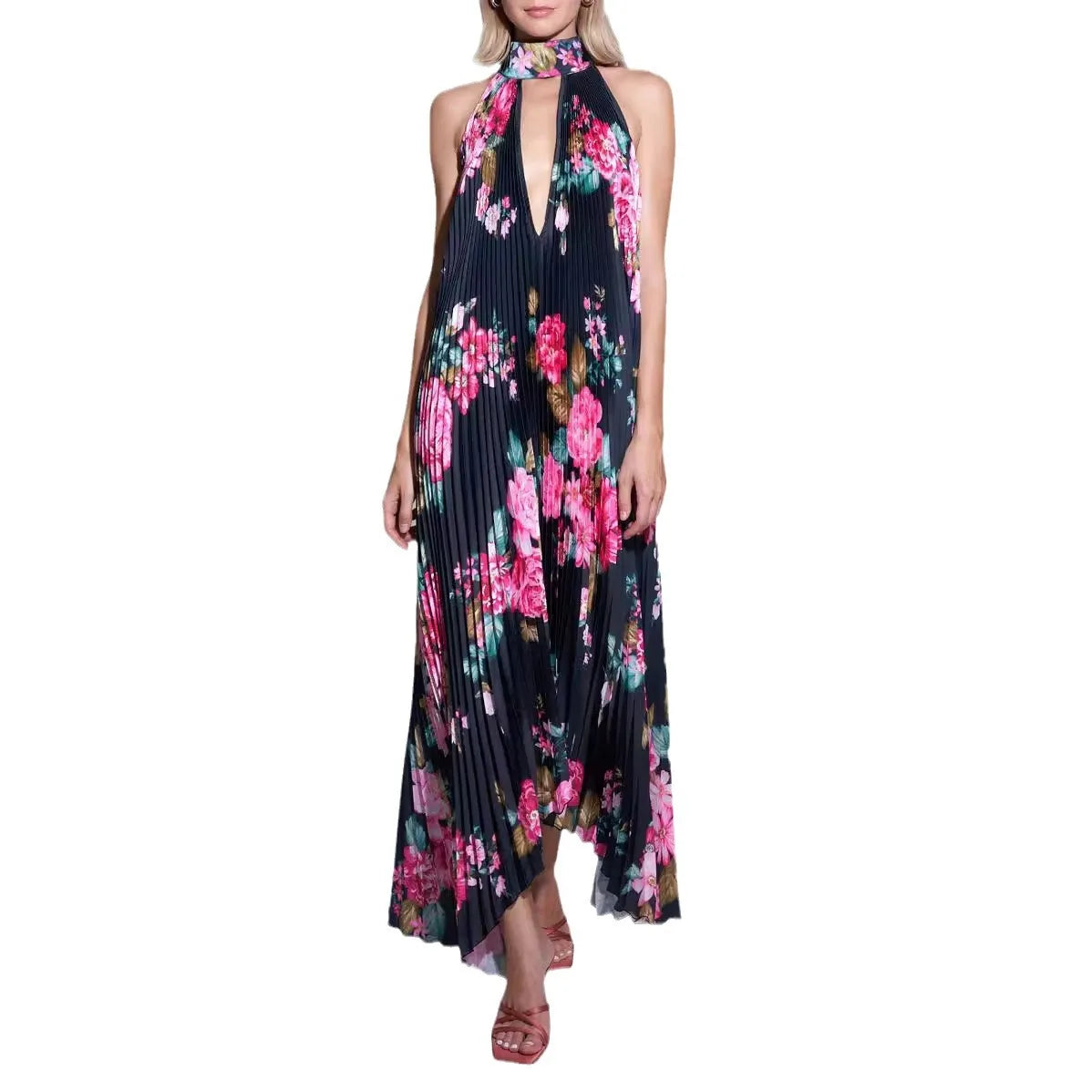 Avelena | Elegantes Unregelmäßiges Gefaltetes Halter-Lace-Up Langes Kleid