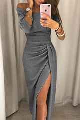 Schulterfreies Abendkleid mit Schlitz | Elegantes Ballkleid in Grau