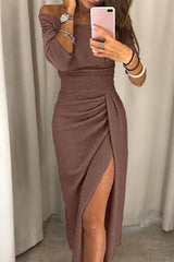 Schulterfreies Abendkleid mit Schlitz | Elegantes Ballkleid in Braun